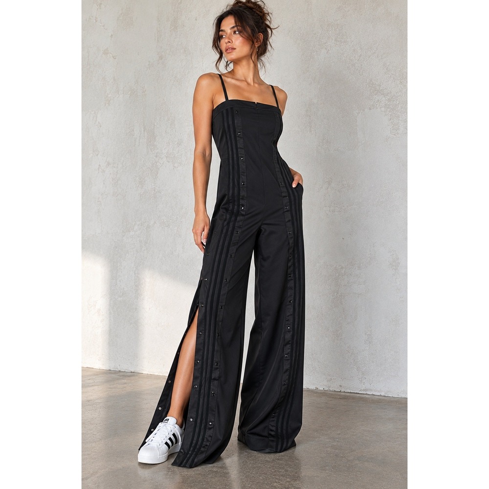 Adidas Originals Black Wide Leg Jumpsuit Women's M Satin Tuxedo Stripe Studded